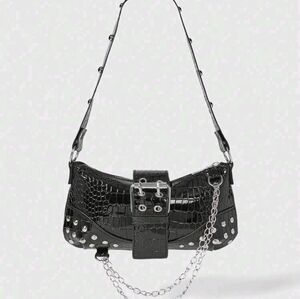 Romwe Stylish Black Croc-Embossed Riveted Shoulder Bag NEW Medium Sz
